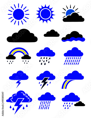 Weather Forecast Vector Icons Set with Sun and Clouds