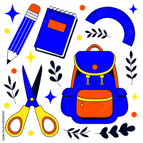 Back to School Vector Elements with Backpack and Stationery