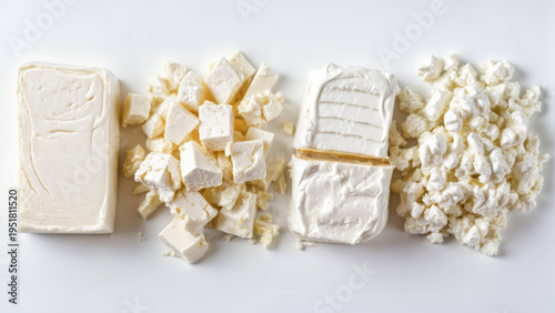 Blocks and pieces of cheese are arranged on a white surface. Various textures and forms suggest options for cooking or serving. This setup provides a clear view of each type.