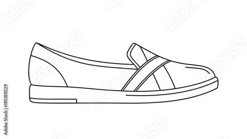 Simple line art illustration of a comfortable and casual slip-on shoe, showcasing its sleek design and strap details.