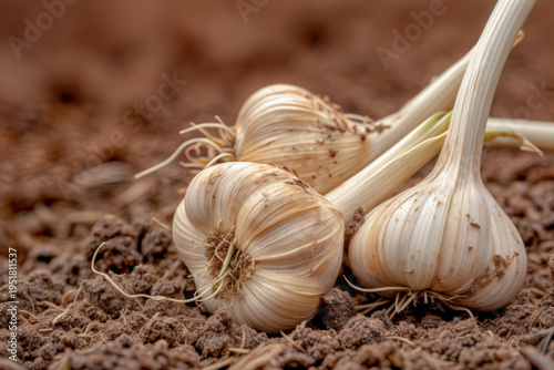Freshly harvested garlic sits on brown soil. The bulbs are close together and show roots and dirt. The sun shines down on the garden area where they were grown.