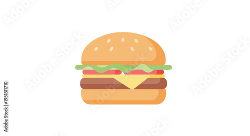 A detailed illustration of a cheeseburger with lettuce, tomato, and cheese on a sesame seed bun against a clean white background.