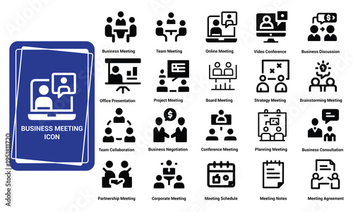 Business Meeting Icons Set: Collaboration Negotiation Planning and Discussion Symbols