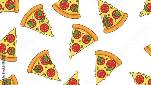 Delicious seamless pattern featuring an array of pepperoni pizza slices adorned with fresh basil leaves, perfect for food-related backgrounds and designs.