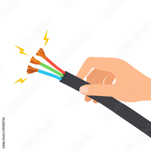 Hand holding damaged electrical cable with sparks. Broken power cable with exposed wires