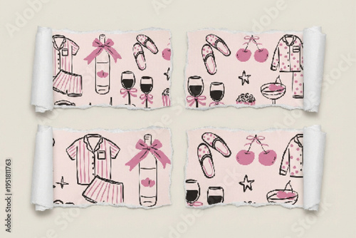 Seamless vector pattern of hand-drawn pink and black pajama party elements on torn paper strips, featuring pajamas, wine, slippers, cherries, and ice cream for feminine designs.