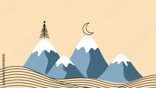 Artistic flat illustration showcasing a serene landscape with stylized snow-capped mountains, a lone pine tree, and a crescent moon under a warm sky.