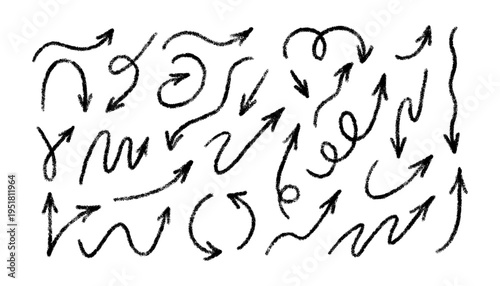 Crayon brush arrow signs. Doodle chalk direction line. Hand drawn grunge arrows with pencil texture. Sketch crayon drawing design elements set. Vector illustration isolated on white background.