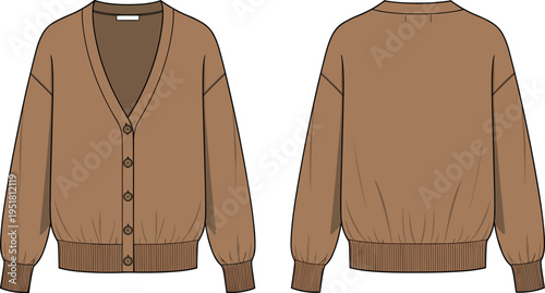 Brown Oversized V-Neck Button-Up Cardigan Technical Flat Sketch Vector for Fashion Design Development Front and Back View CAD Illustration