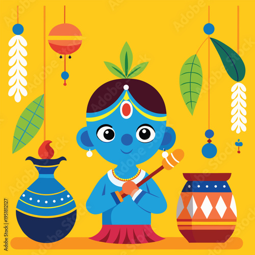 Janmashtami festival vector poster featuring Little Krishna 