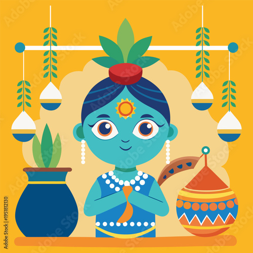 Janmashtami festival vector poster featuring Little Krishna 