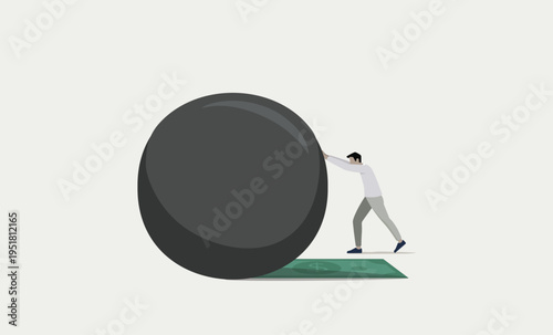 Man pushing a giant boulder uphill on a dollar bill, symbolizing financial struggle