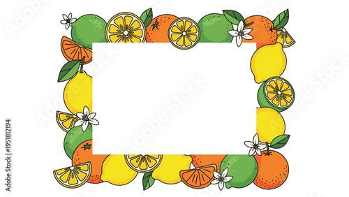 Vibrant frame border design composed of a colorful assortment of fresh citrus fruits including lemons, oranges, and limes, along with their delicate blossoms.