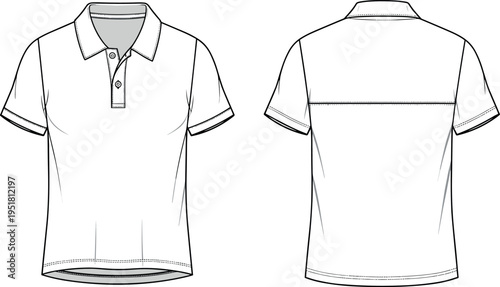 Blank Men's Polo Shirt Vector Technical Sketch Template Front and Back View White Casual Short Sleeve Polo Flat Fashion Illustration