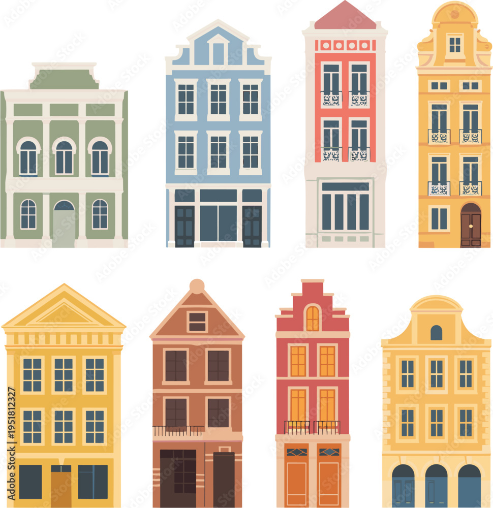 Obraz premium European city houses vector set, colorful old town buildings with traditional architecture for urban design