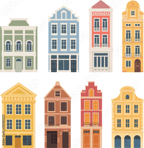 European city houses vector set, colorful old town buildings with traditional architecture for urban design