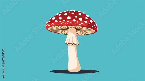 Eye-catching flat illustration of a classic red and white spotted toadstool mushroom, prominently displayed against a vibrant blue-green background.