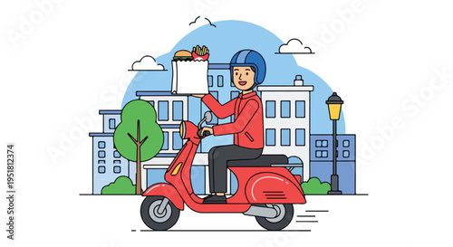 A delivery person in a red jacket rides a red scooter through a city street with buildings and trees in the background, wearing a blue helmet.