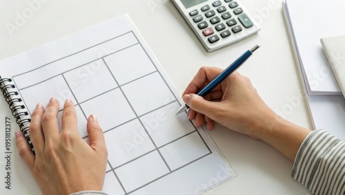 Person drawing a grid on paper with a pencil and calculator nearby