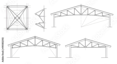Structural Truss Design Blueprint Vector – Engineering Roof Truss Framework Multi View Technical Line Drawing Isolated on White