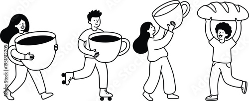 Happy people carrying giant coffee cups and bread