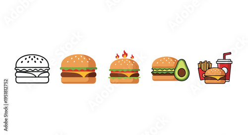 A set of five colorful food icons depicting different types of hamburgers and a drink on a white background.