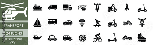 Mega collection of transport and vehicle silhouette icon featuring ship car truck helicopter scooter bike airplane more vector illustration.