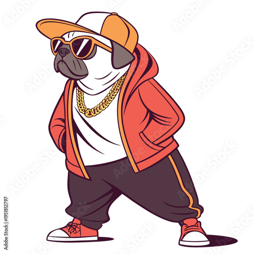 Cool pug dog wearing hip hop streetwear, red hoodie, cap, sunglasses and gold chain, cartoon illustration