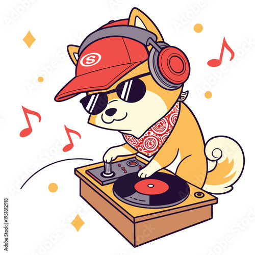 Cute shiba inu dj playing music on turntable with headphones and sunglasses