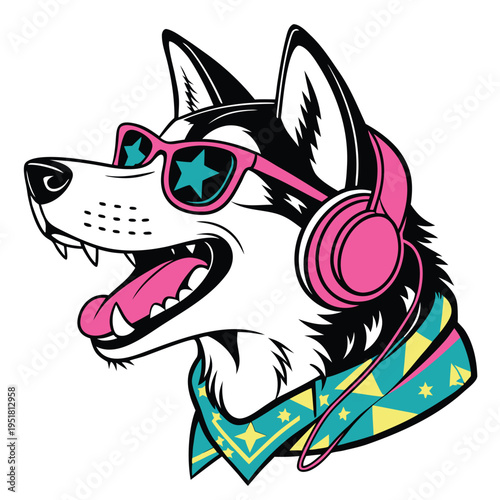 Cool husky dog with pink headphones and sunglasses vector illustration