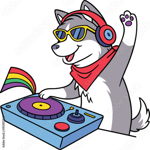 Cartoon dj husky dog wearing headphones and sunglasses playing music with rainbow