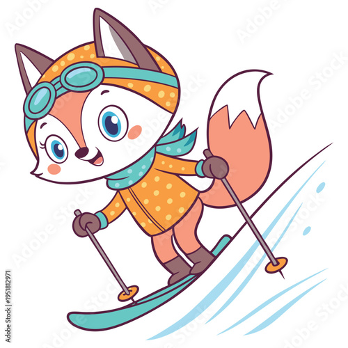 Cute cartoon fox skiing in winter clothes with goggles