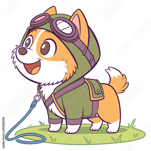 Cute cartoon corgi puppy wearing an aviator hat and goggles with a backpack and leash standing on a patch of grass