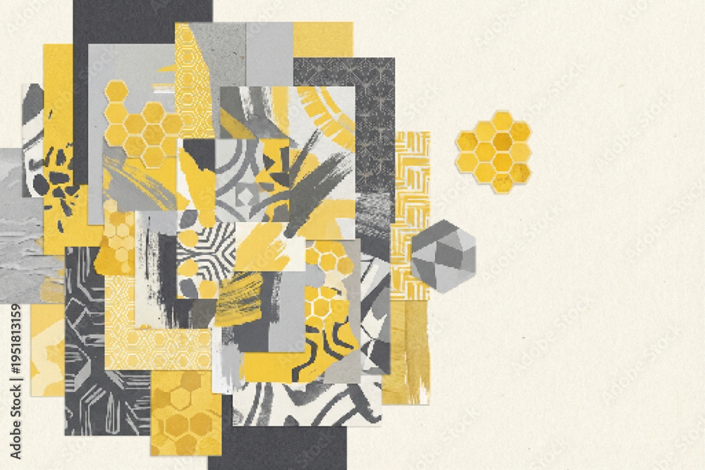Fototapeta premium Abstract geometric collage vector background with yellow and gray patterned shapes, modern design for creative projects, banners, and presentations