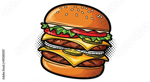 A cartoon-style illustration of a double-decker cheeseburger with lettuce, tomato, and condiments on a white background.