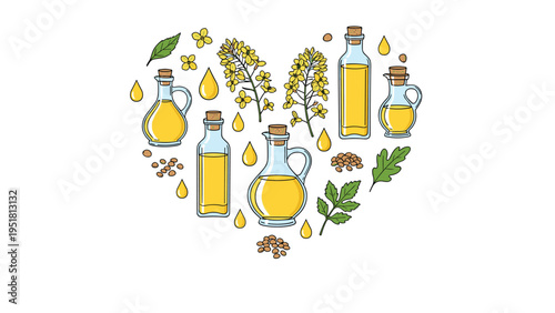 Wholesome heart-shaped composition featuring various rapeseed oil bottles, blooming rapeseed flowers, and seeds, symbolizing healthy and natural products.