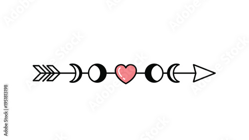 Stylized black and white line art arrow design adorned with various moon phases and a prominent central pink heart, representing love and cycles.