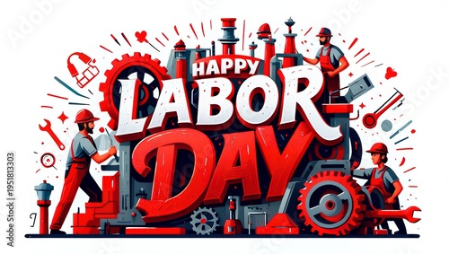 Happy labor day greeting with workers and tools on isolated white background