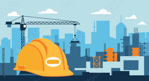 A vibrant illustration depicting construction site elements including a helmet crane and city skyline in a distinct silhouette high quality professional