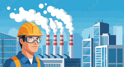 Industrial scene featuring a construction worker in front of factory smokestacks depicted as a silhouette high quality professional detailed modern elegant