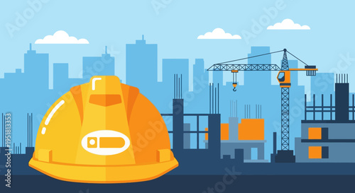 A vibrant illustration depicts a construction helmet foregrounded against a cityscape with a crane as a dramatic silhouette high quality professional