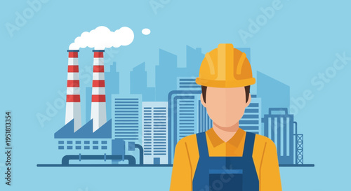 Industrial scene depicting a worker in a hard hat before factory buildings with smoke a flat vector silhouette high quality professional