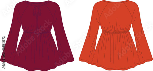 Flat fashion of two long sleeve peasant blouses in burgundy and orange with tie necklines and elasticated waists front and back views