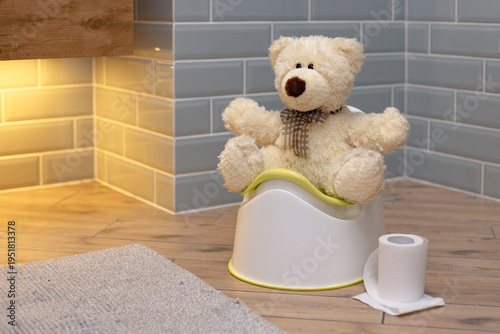 A soft toy sits on a potty. Toilet paper nearby