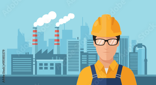 A worker in a yellow hard hat stands before a factory skyline embodying industrial labor a striking silhouette high quality
