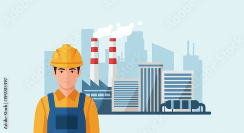 A construction worker stands confidently before an industrial cityscape displaying a bold silhouette high quality professional detailed modern elegant stylish clean
