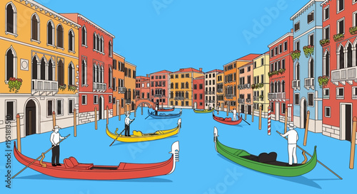 A vibrant venetian canal scene showcases gondolas and colorful buildings beautifully rendered as a striking silhouette high quality professional detailed modern