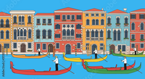 A vibrant venetian cityscape with gondolas and gondoliers presented in a flat illustrative silhouette high quality professional detailed modern elegant stylish