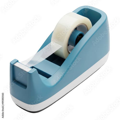 Blue tape dispenser with white adhesive tape on desk isolated on transparent background