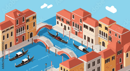 A vibrant isometric illustration depicts venetian canals with gondolas and buildings featuring a dark silhouette high quality professional detailed modern elegant